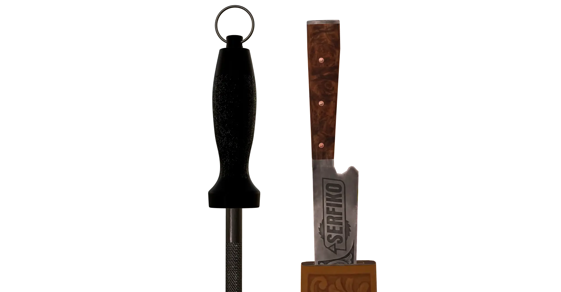 Uma chaira, uma faca personalizada com a gravação da logo da Serfiko e uma bainha personalizada